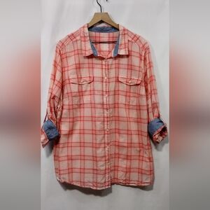 St John's Bay Plaid Button Shirt Women's 3X Red Pink Boho Retro 90s Y2K Casual